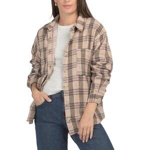IN FEBRUARY Brown Multi Brushed Plaid Button Down Shacket With Pockets